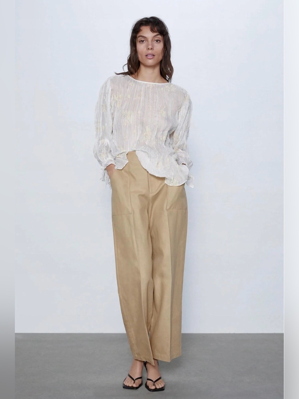 Zara Sheer Embroidered Crinkle Top – Ivory, Size XS